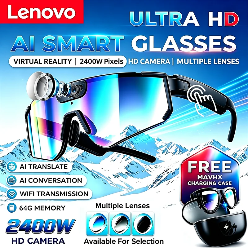 Lunettes intelligentes Lenovo 2400w ChatGPT avec caméra photo IA, vidéo 1080P, anti-vibration, lunettes de sport pour le cyclisme, double microphone,