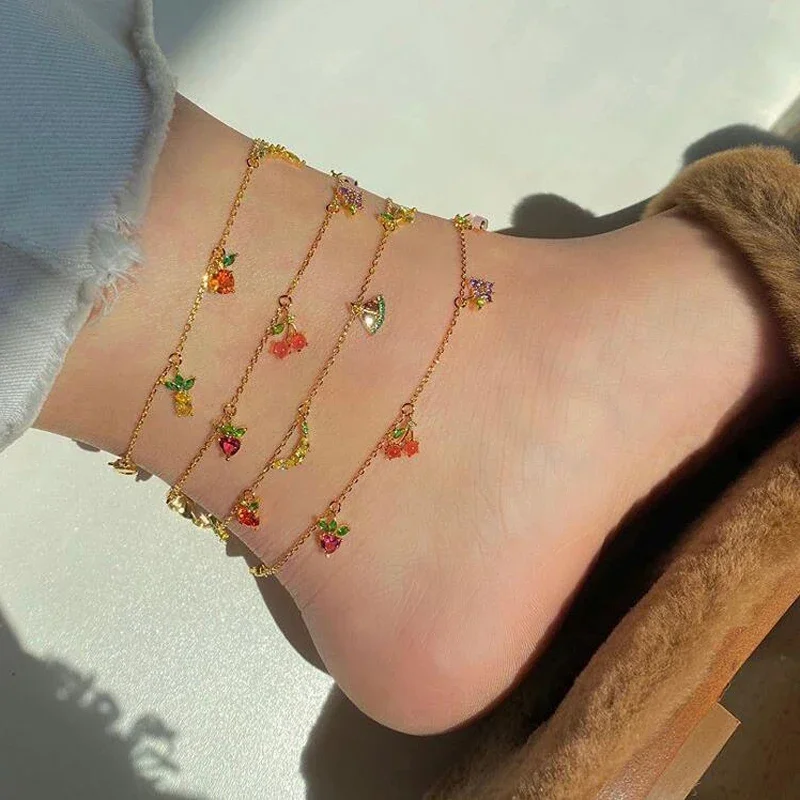 2025 Summer Sweet Colorful Fruit Anklets Apple Strawberry Cherry Grape Peach Gold Silver Color Link Chain Foot Leg Chain Anklet