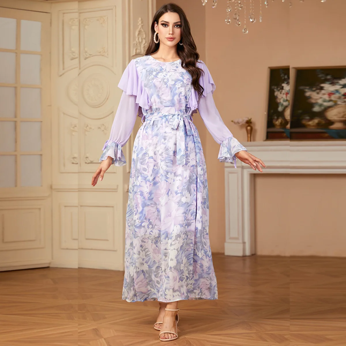 

Floral Print Chiffon Abayas for Women Autumn Muslim Maxi Dress Evening Islam Jalabiya Dubai Abaya Turkey Kaftan Caftan Vestidos