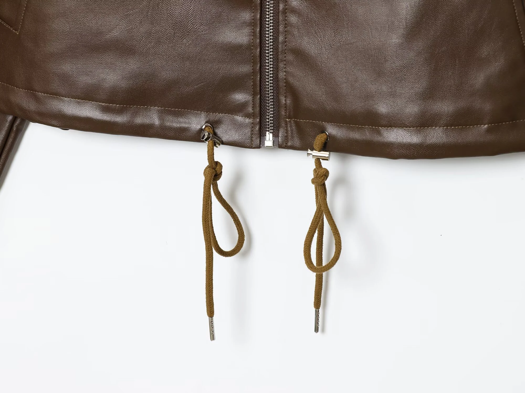 DEEABAE Jesienna Nowa Damska Europejsko-Amerykańska Kurtka ze Sznurkiem, Imitacja Skóry PU, Klapa, Zamek Błyskawiczny, Luźny Krój