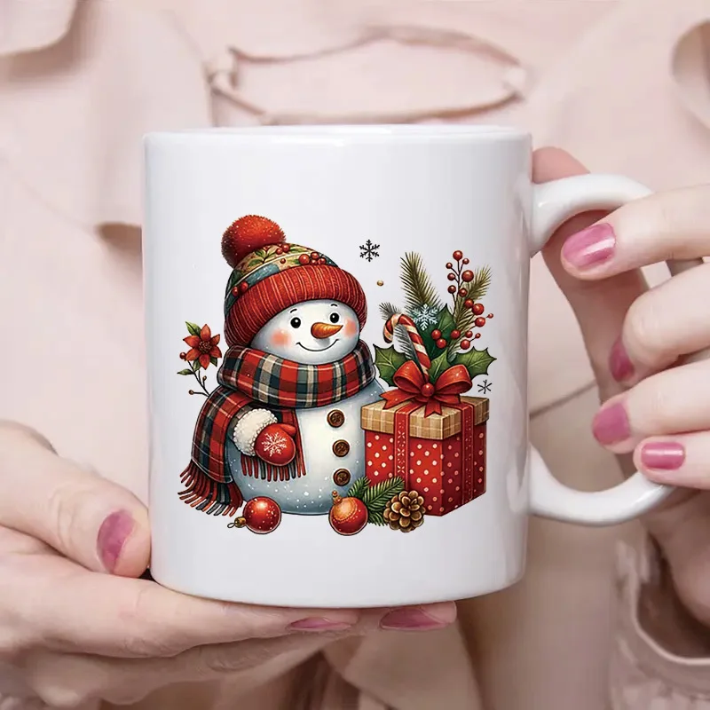 Christmas Ceramic Mug Snowman with Plaid Scarf Gift Box Pinecone Print White Coffee Cup Xmas Holiday Drinkware Christmas Gift