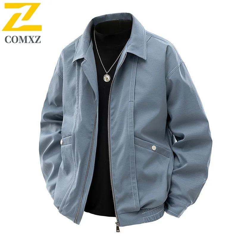 

COMXZ Мужская осенняя куртка 2025 Гонконгский стиль с отложным воротником, дорожное ветрозащитное пальто, износостойкая кожаная мотоциклетная куртка
