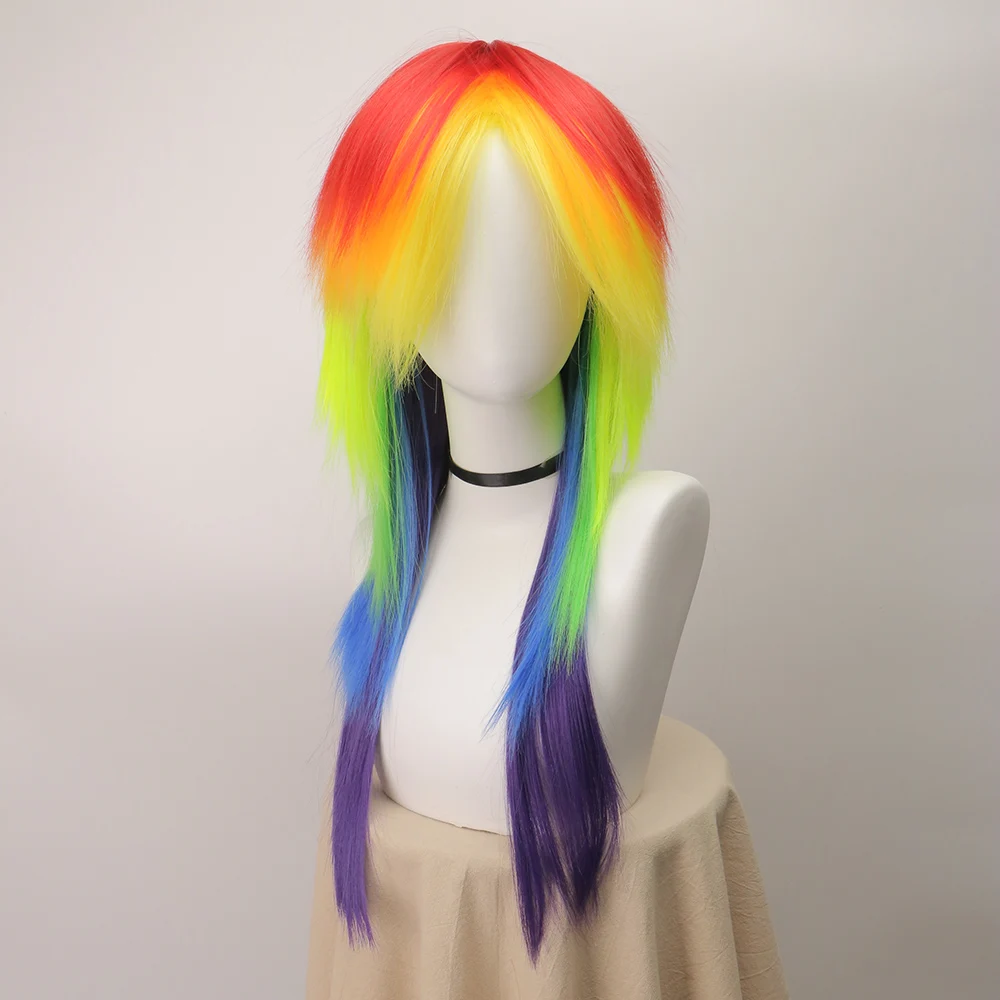 Long Straight Wig Rainbow Dash Multi-Colored Cosplay Wig Synthetic Wig for Halloween Costume Christmas Party
