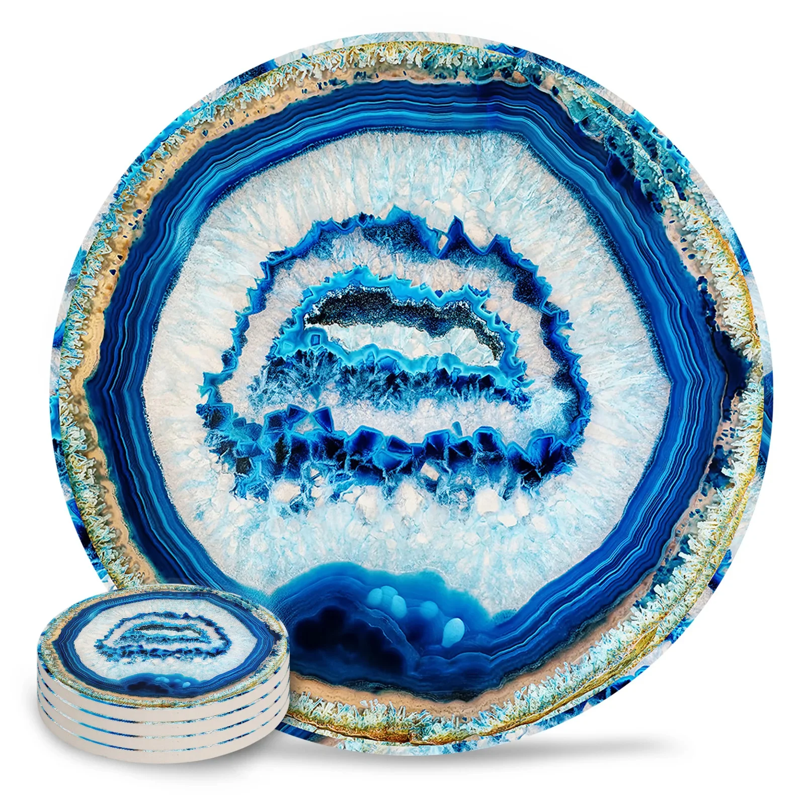 Retro Agate Texture Blue Ceramic Coaster Set Coffee Tea Cup Coasters Kitchen Accessories Round Placemat Dinning Table Decoration