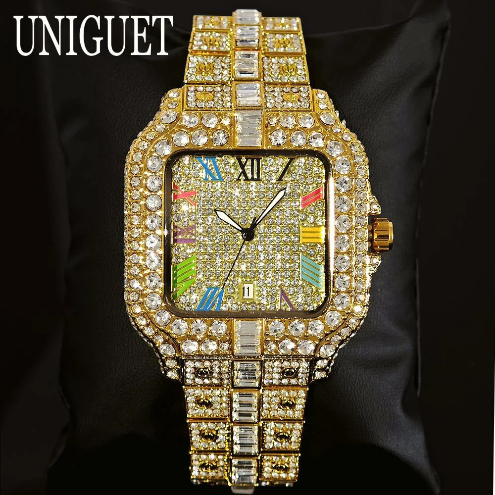 Relojes de hielo de Hip Hop para hombre, marca UNIGUET, Color de moda, Literal romano, lujo, diamante ostentoso, reloj de pulsera cuadrado AAA, triangulación de envíos