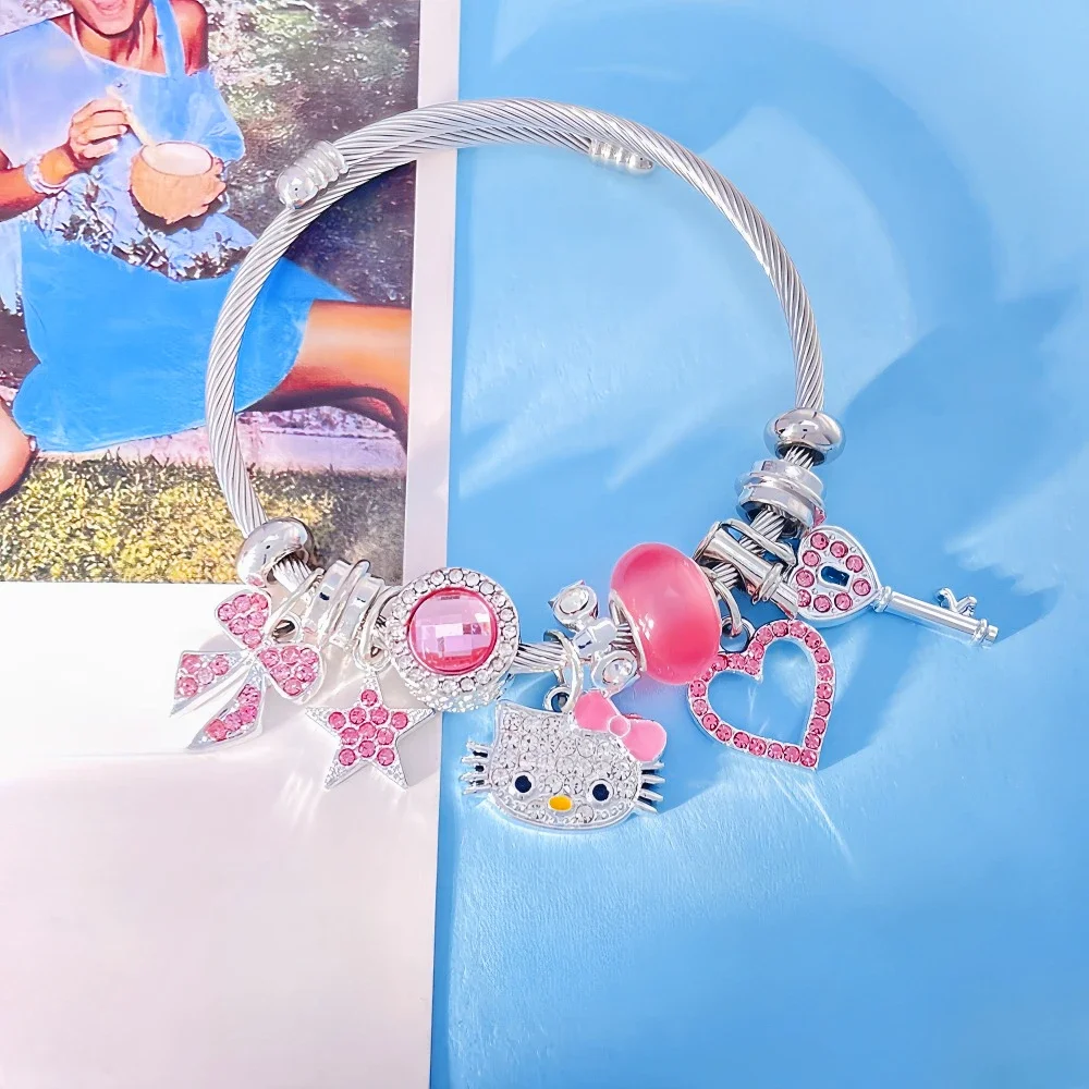 New Kawaii Hello Kitty Diamond Bracelet Sanrio Anime Ladies Stainless Steel Bracelet Fashion Jewelry Girls Holiday Gifts