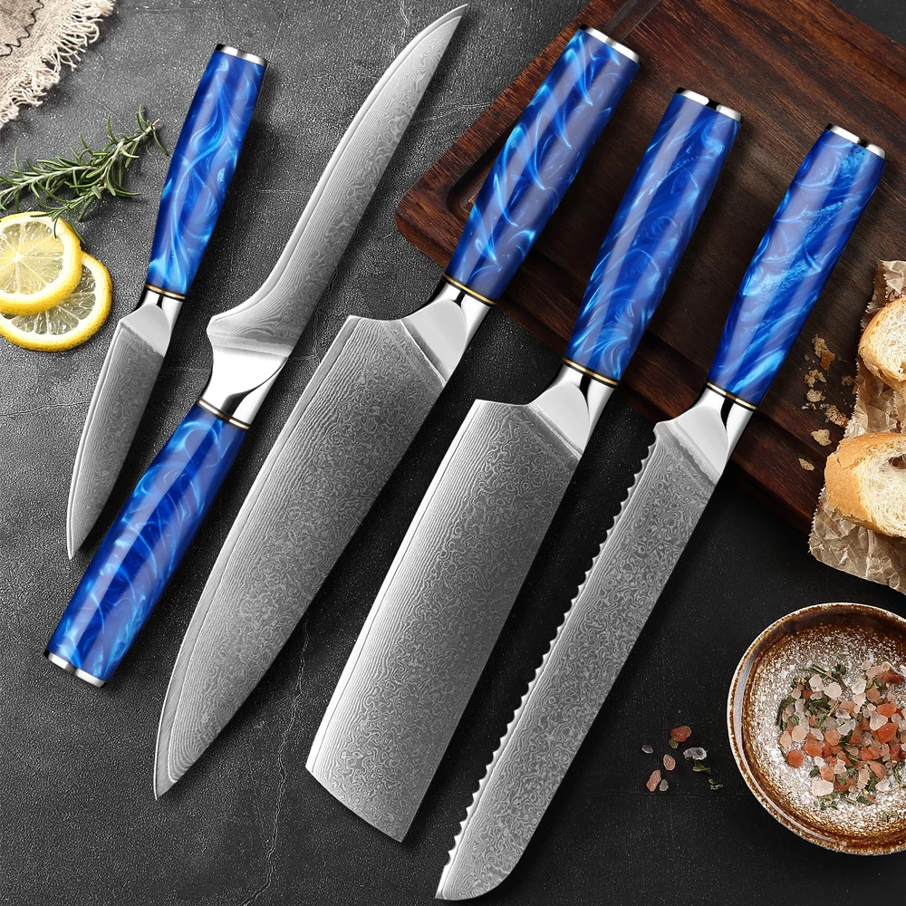 

Damascus Steel Kitchen Knife Set 1-5PCS Sharp Chef Knife,Bread Knife,Fruit Knife,Blue Resin Handle Promotional low-priced