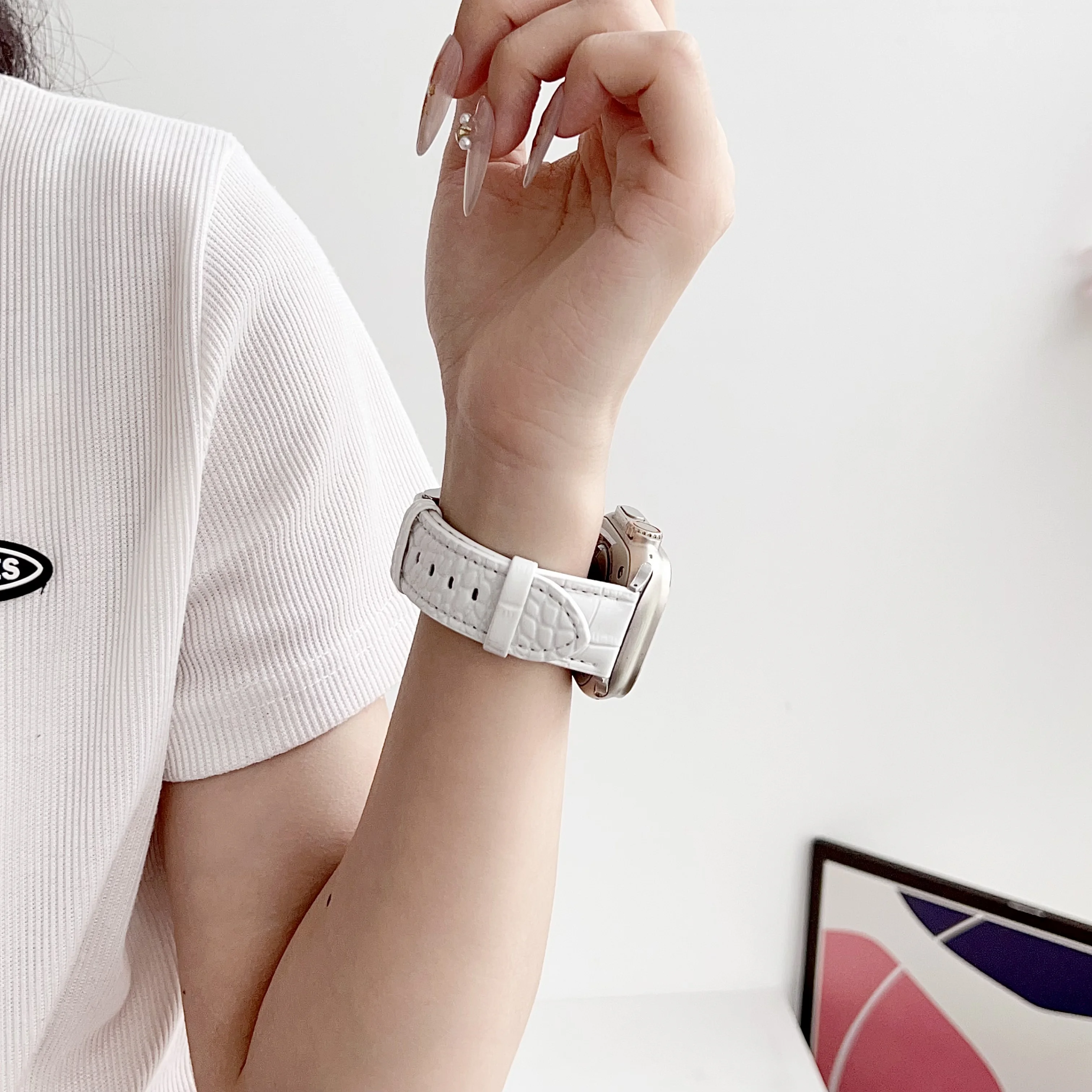 جلد تمساح نمط ، حزام لساعة iWatch HK10 ، HK9 برو ماكس ، 44 ، 45 ، 42 ، 42 ، 38 ، 49 ، HK8 برو ماكس ، H12 الترا ، DT8 بلس ، s9 ، SE #6