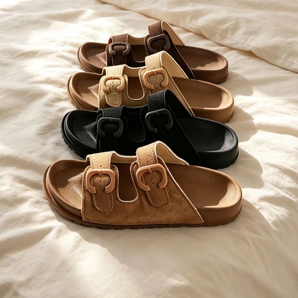 Women Plus Size Open Toe Double Buckle Slide Sandals Fashion Flat Summer Shoes