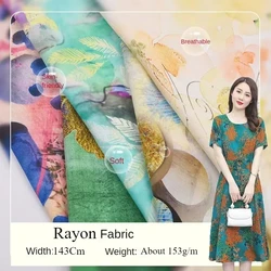 Flower Printed Rayon Viscose Fabric Soft By The Meter for Skirts Pajamas Clothes Cheongsam Diy Sewing Cloth Floral White Green