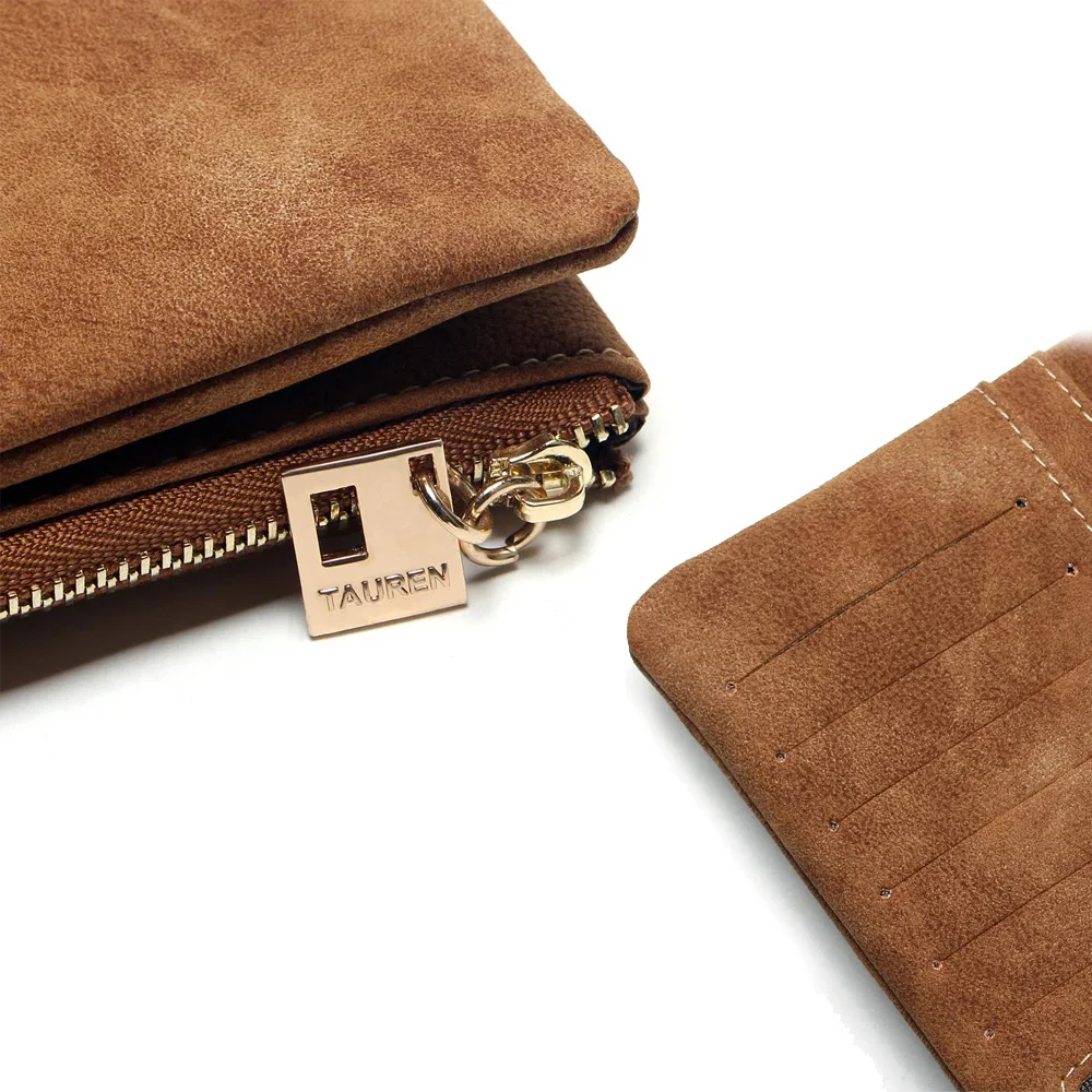 Famoso marchio borsa lunga due pieghe portafogli donna coulisse in pelle nabuk cerniera portafoglio in pelle scamosciata donna Carteira Feminina