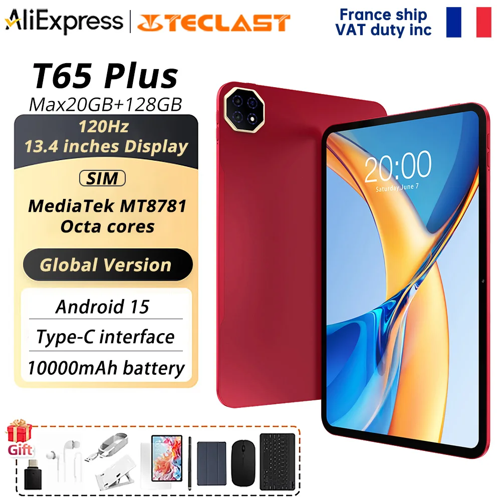 Tablette Android 15 Teclast T65 Plus 13,4 pouces 120Hz IPS 20 Go de RAM (8 Go + 12 Go) 128 Go de ROM 10000 mAh Double 4G LTE GPS Caméra IA 13 MP 1920×1200 Type-C t65plus