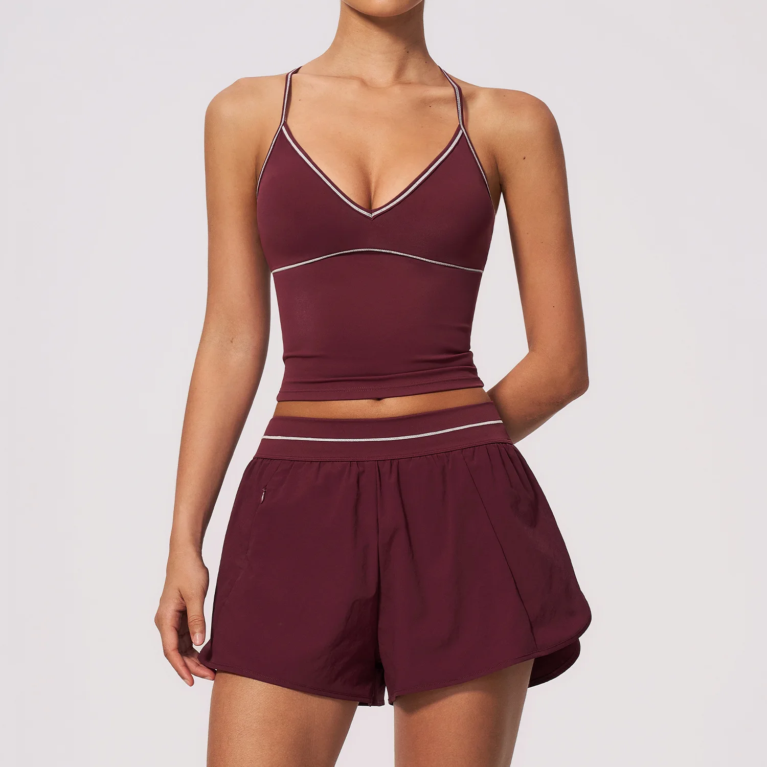 Women 2 Piece Yoga Set V Neck Longline Top and 2 in 1 Flowy Running Shorts with Pockets Double Layer Gym Workout Activewear Suit