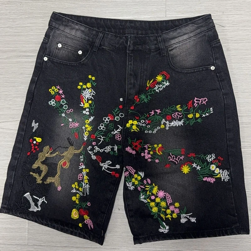 Pantalones cortos vaqueros bordados con pintura de Hip-Hop para hombre, pantalones cortos informales, cómodos y transpirables de cintura alta con bolsillos, ropa de calle