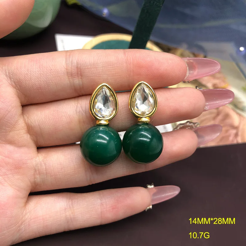 Everyday elegant earrings red green agate beads teardrop diamonds retro simple stud earrings