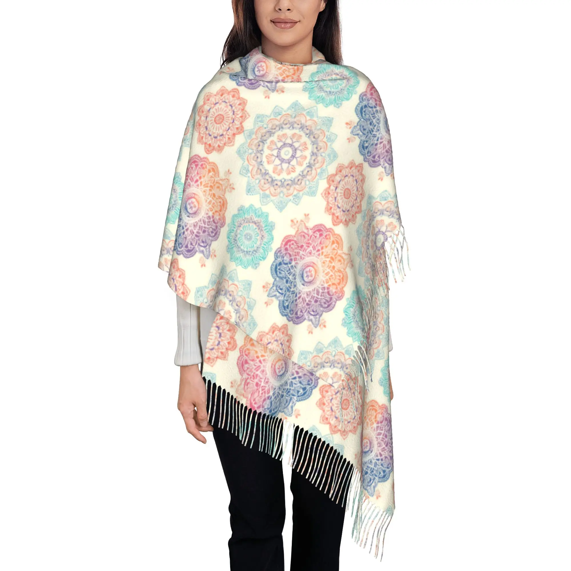 

Custom Watercolor Boho Mandala Pattern Tassel Scarf Women Winter Fall Warm Shawls Wraps Lady Scarves