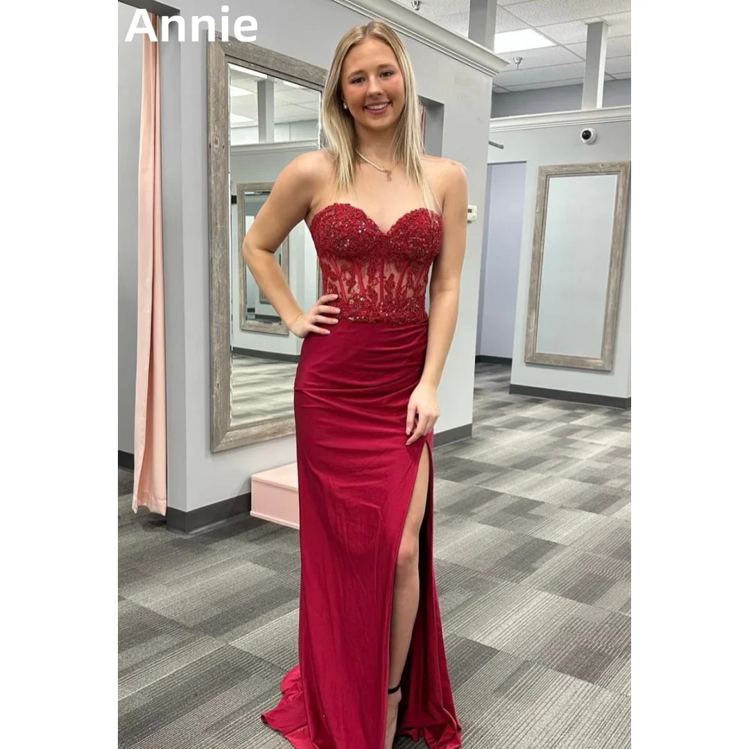 Annie Sexy Off-spalla elegante abito da sposa sirena rossa fessura laterale abiti da ballo corsetto abiti da Cocktail Vestidos De Fiesta