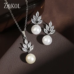 ZAKOL Luxury Zirconia Simulated Pearl Earrings Pendant Necklace Sets for Women Fashion Ceystal Elegant Women Wedding Jewelry