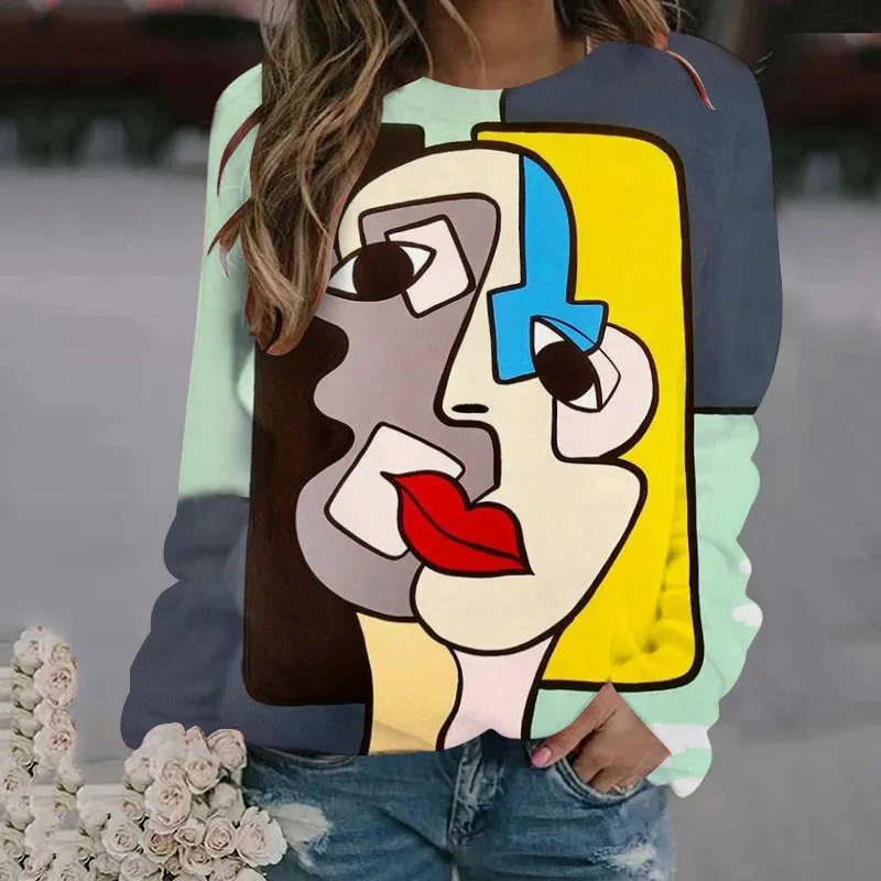 Abstract Face Pattern Sweatshirts Funny 3D Print Hoodies Women Long Sleeve Y2k Hoodie Oversized Pullovers Tops Female Clothing