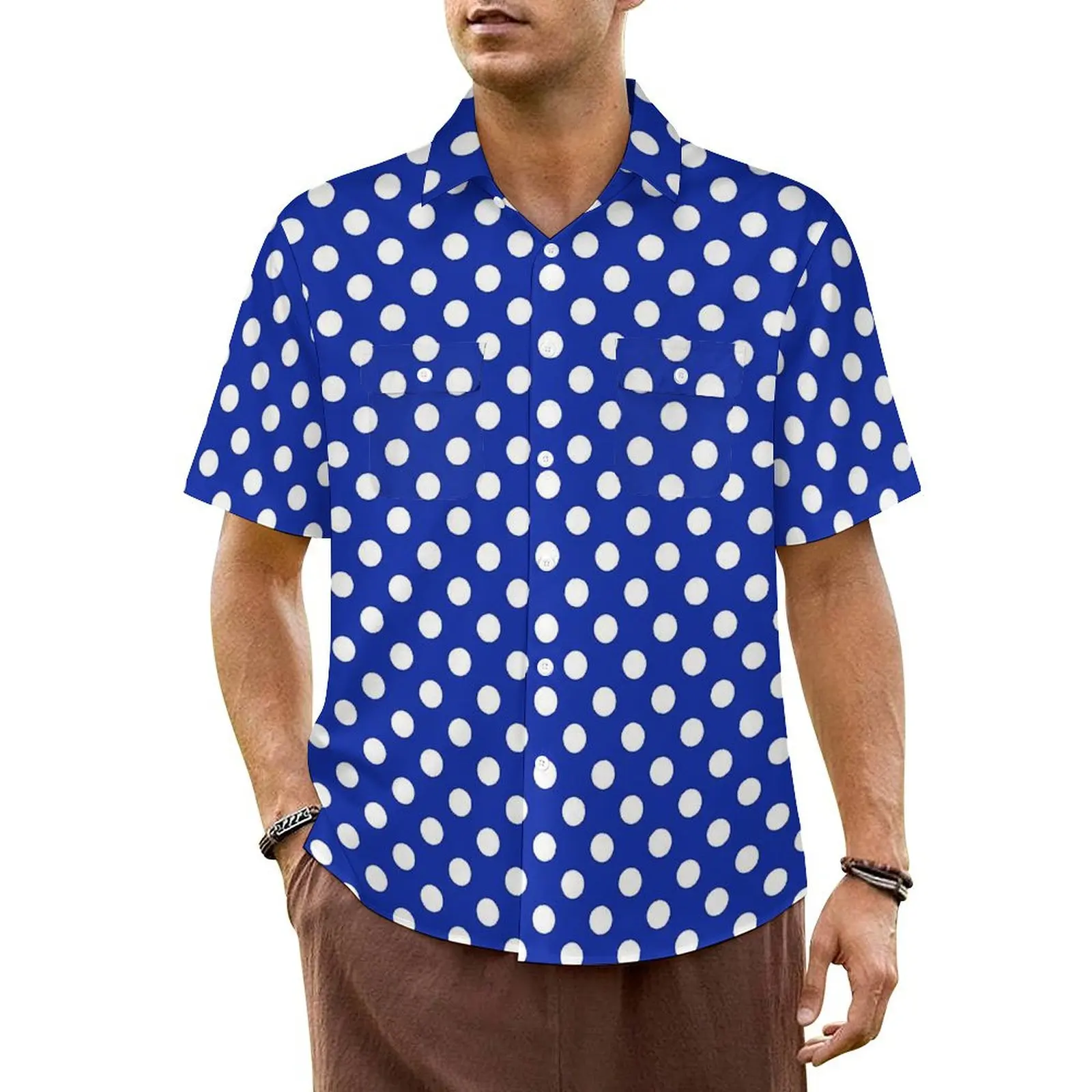 

Blue Polka Dot Casual Shirt Classic Print Loose Hawaiian Shirts Man Short Sleeve Beach Y2K Funny Design Oversized Blouses