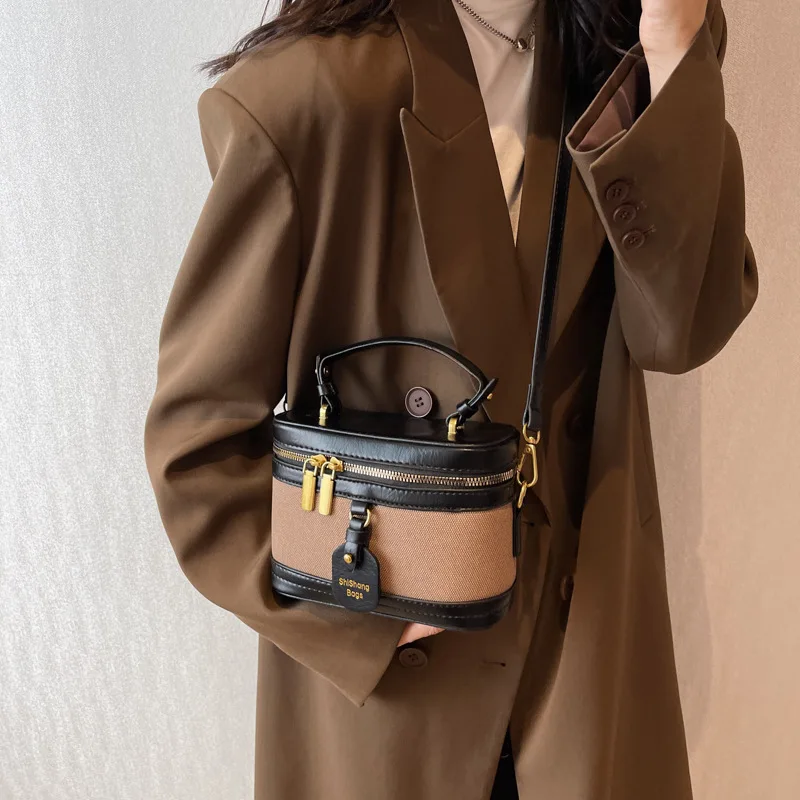 Vintage Women\'s Mini Bucket Bag Contrast PU Leather Zipper Shoulder Crossbody Bags 2023 Autumn Versatile Lady Commuter Box Pack