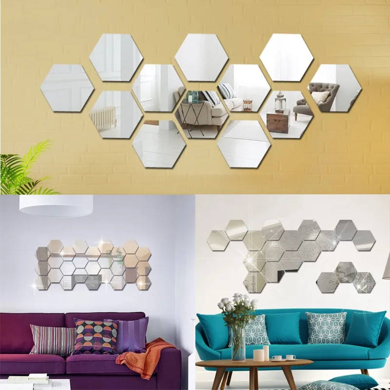 Espejo hexagonal 3D para decoración del hogar, pegatinas autoadhesivas para decoración de pared, arte de dormitorio, 12 piezas