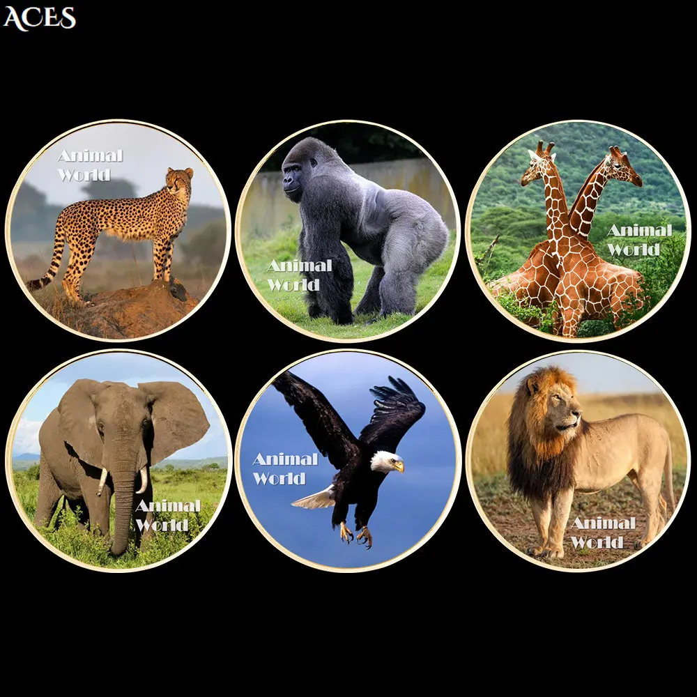 6styles Animal World GOLD Coin Cheetah/chimpanzee/giraffe/elephant/eagle/lion Challenge Coin Memorial Medal In Capsule