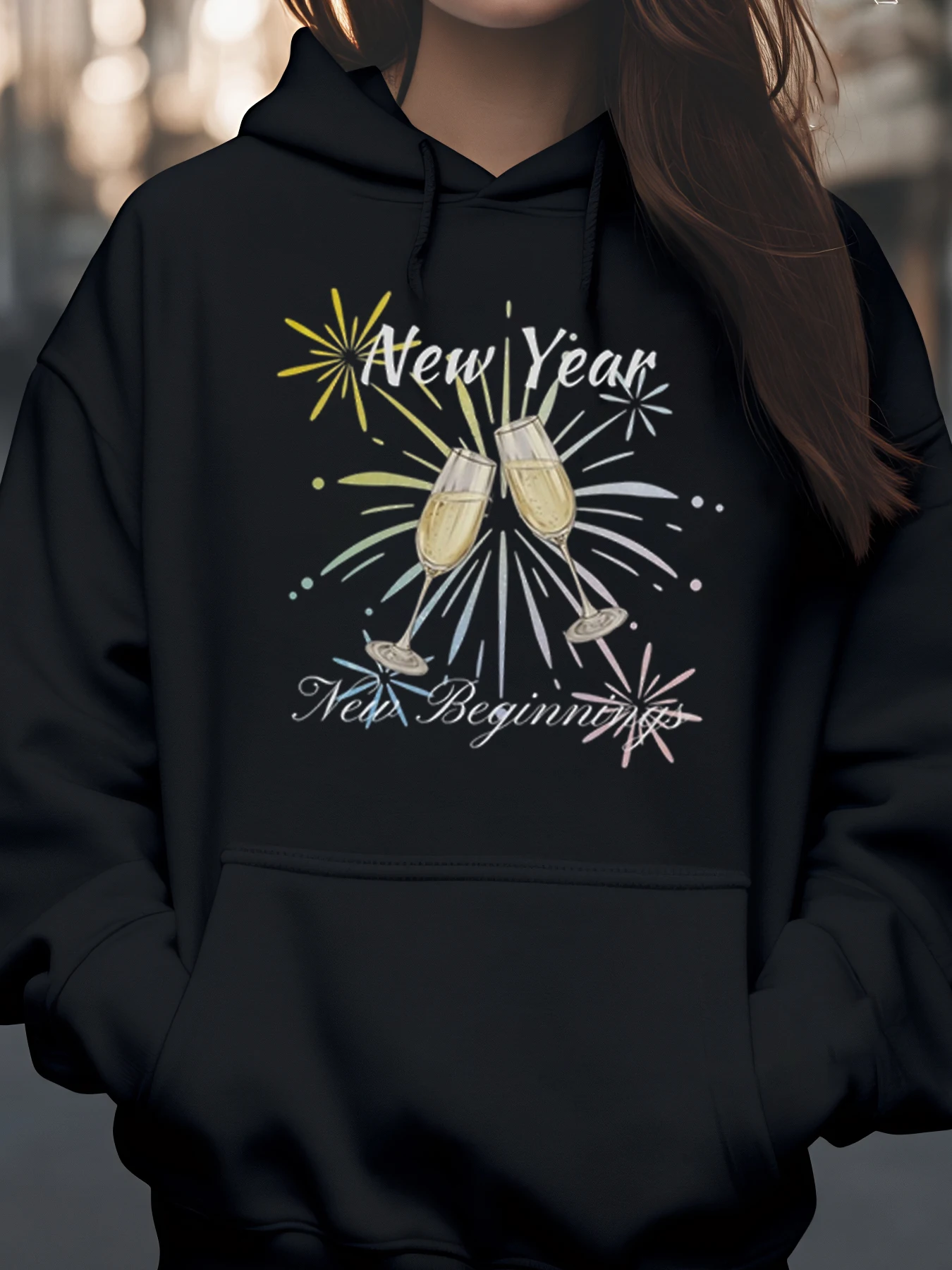 السنة الجديدة الشمبانيا نخب طباعة هوديي عطلة الاحتفال ملابس غير رسمية النساء