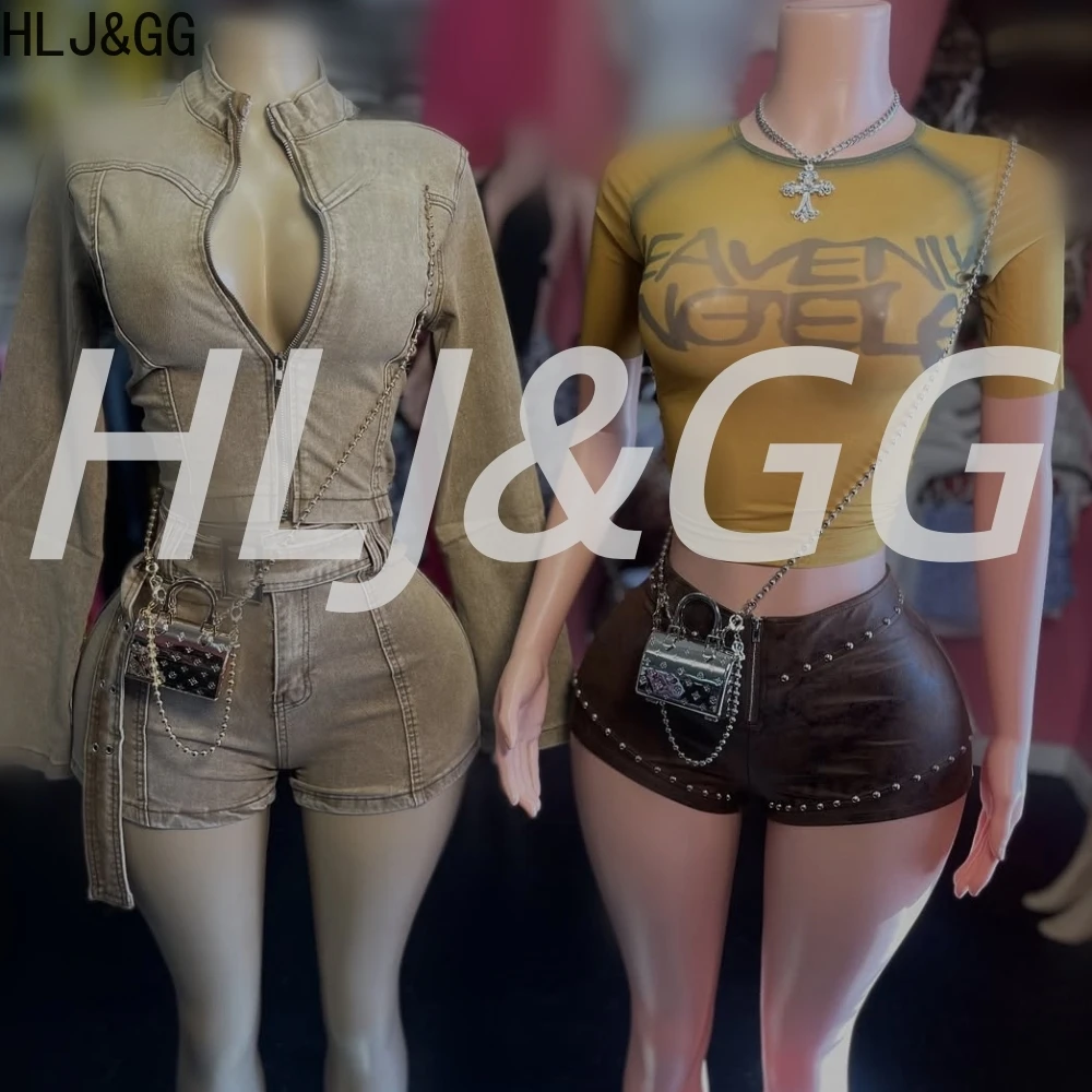 HLJ&GG Y2K Trend Fashion Mesh See Though Top Two Piece Sets Women O Neck Slim Crop Tshirts And Leather Shorts Outfits Streetwear