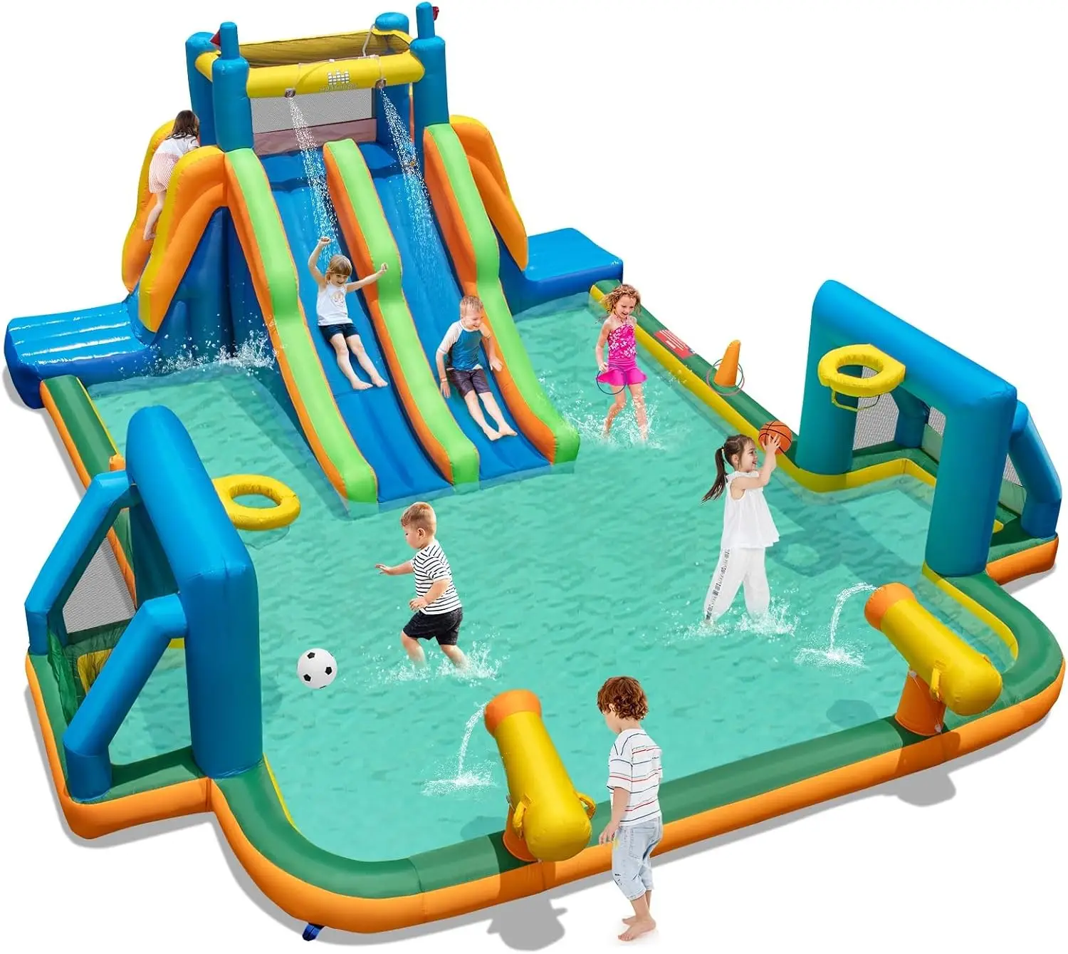 Corrediça de água inflável, 19x17FT Mega Water Slide Park Slides duplos longos para diversão de corrida com parede de escalada dupla, grande piscina de respingo, Wa