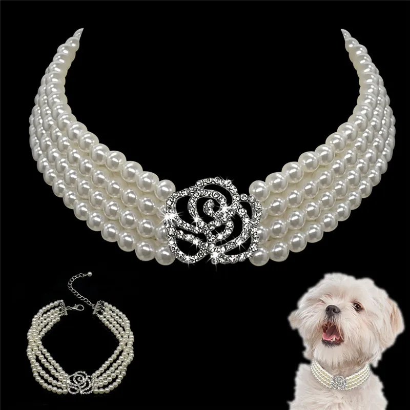 Pearl Necklace Dog Collar Fashion Jeweled Puppy Cat Collar with Rhinestone Artificial Diamante Rose Dog Pet Accessories