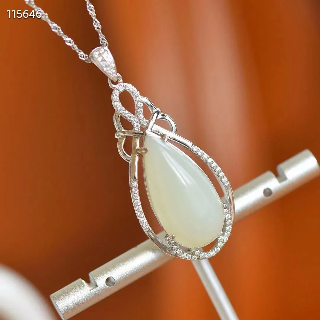 

Natural 100% real 925 Sterling Silver Necklace inlay real white hetian jade pendant jewellery fashion for women men lucky gifts