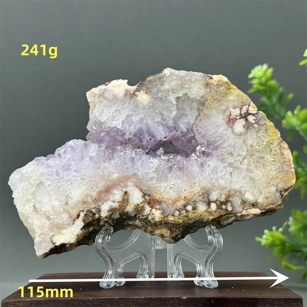 Natural Pink Amethyst Flower Agate Geode Slate Piece Spiritual Energy Therapy Meditation Prayer Home Decoration + Stand