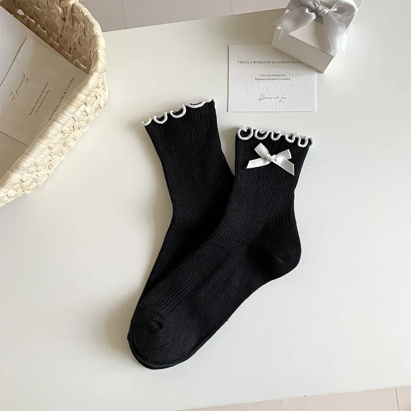 Women Socks Bow Crew Socks Sweet Lolita Dress Breathable Soft Girls Socks Ladies Striped Athletic Socks Womens Wool Cable Socks