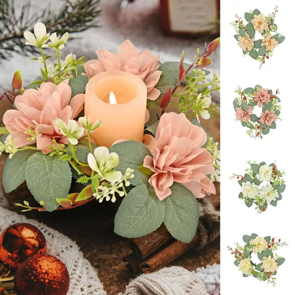 23cm Artificial Dahlia Wreath Candle Ring Pillar Candle Holder Green Leaves Flower Garland Home Wedding Party Table Decoration