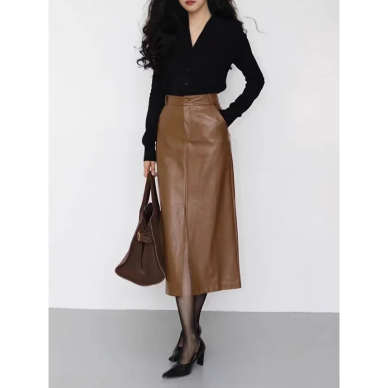 Women's Genuine Leather Skirt High Waist A-Line Mid-Length with Front Slit And Elastic Back Waist French Elegant Sheepskin Skirt