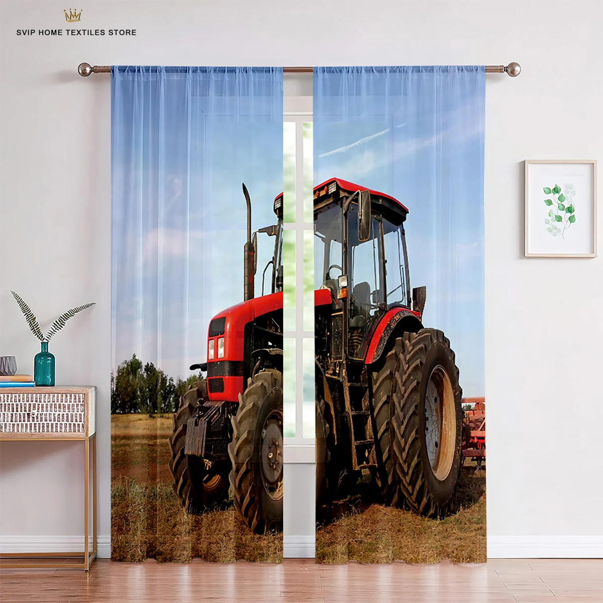 Farm Vehicle and Tractor Curtains for Children, Children's Room Decor, Gauze Curtains, 2 Pcs, Living Room, Bedroom, Study Decor