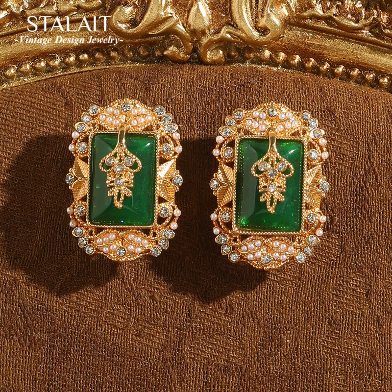 

Vintage Green Earrings Natural Stone Palace Pearl Wedding Accessories Antique Gold Color Luxury Designer Jewelry 2025 Christmas