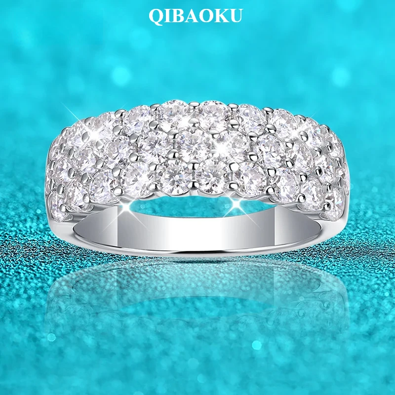 QIBAOKU 1.8/2.5mm Sparkling All Moissanite Rings for Women 3 Row Design Lab Diamond 100% S925 Sterling Silver Bands 2026