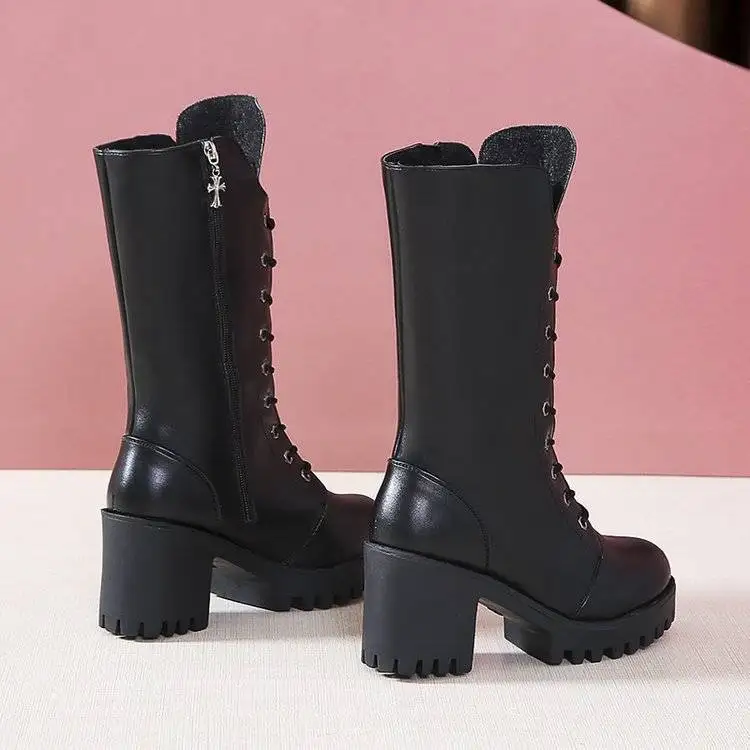 Autumn Shoes Woman Mid Calf Boots Winter Casual Platform Block High Heels Boots Female Lace Up Zipper Ladies Leisure