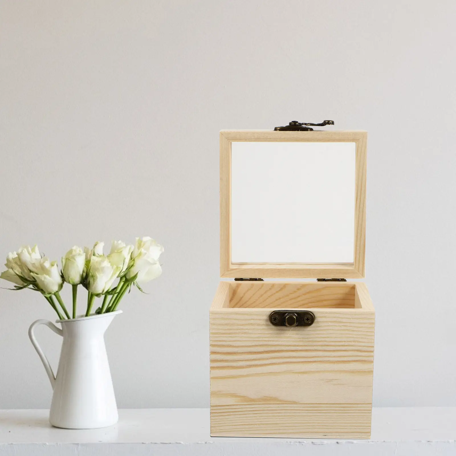 1Pcs Wooden Gift Box Transparent Window Simple Style Glass Cover Eternal Flower Display Storage Box Multi-Functional
