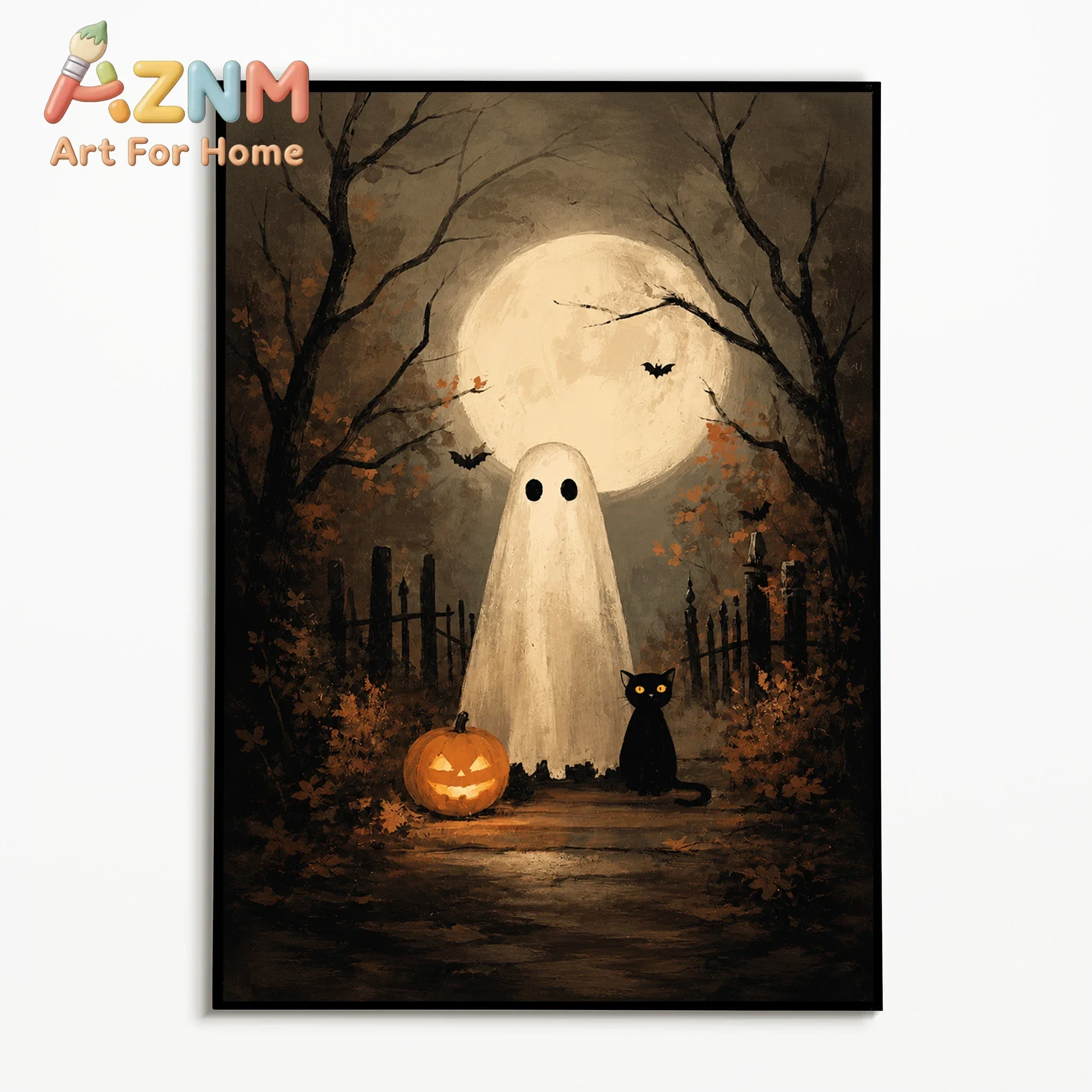 1PC Retro Forest Ghost Pumpkin Black Cat Poster  Halloween Autumn Full Moon Wall Art Canvas Printing  Festival Gifts Fall Decor