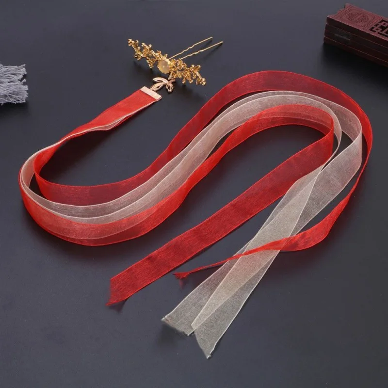 Chinese Style Hanfu Hair Stick Long Flowing Ribbon Vintage Gold Floral Hairpin Dark Green Red For Women Cosplay Wedding Party
