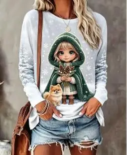 Women Long Sleeve T‑Shirt Christmas Cartoon Girl Cat Gift Snow Print Crew Neck Loose Casual Holiday Blouse Tops