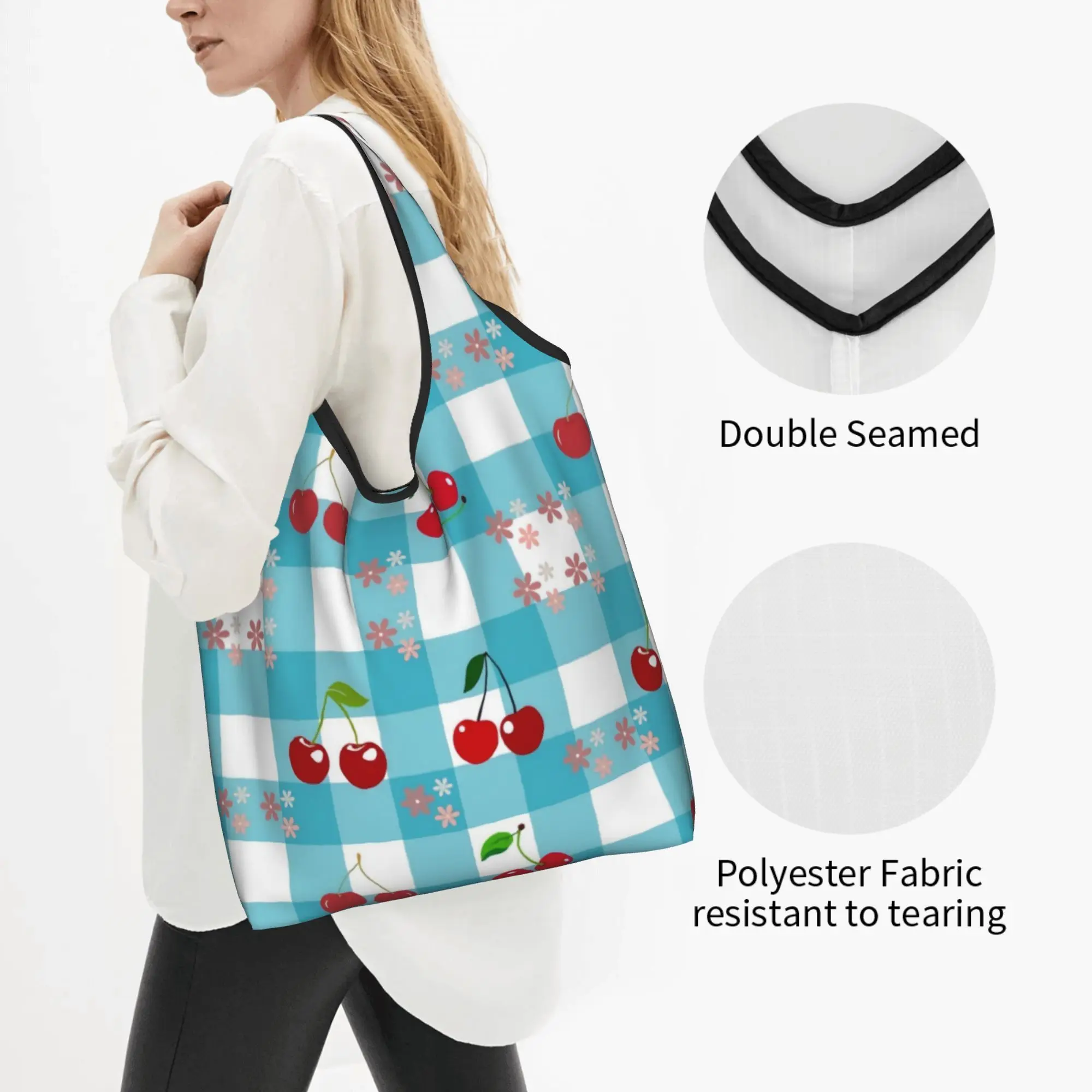 Recycling Cherries on a Turquoise Shopping Bag Women Tote Bag Portable  Groceries Shopper Bags