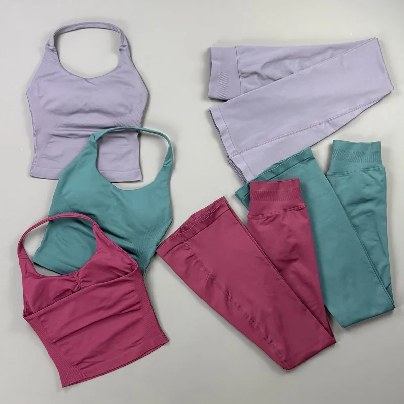 2 Pieces Workout Set Women Seamless Gym Halter Tank Top Hip Lift Fitness Flares Leggings Yoga Sets Running Workout Sportswear