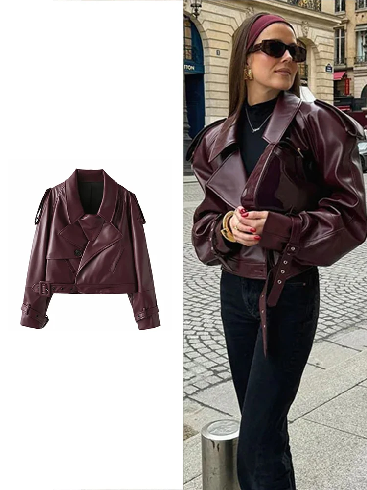 TRAF Women\'s Fashion Chery Red Long Sleeve Leather Jacket Retro Lapel Slim Short Jacket Casual Cool Girls Street Party Jacket