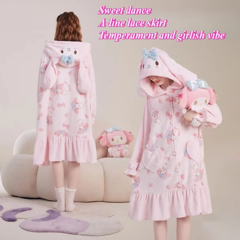 

Anime Homewear Cartoon My Melody Kawaii Women Plush Pajamas Robe Set Winter Long Style Thickened Nightgown Pants Sweet Keep Warm