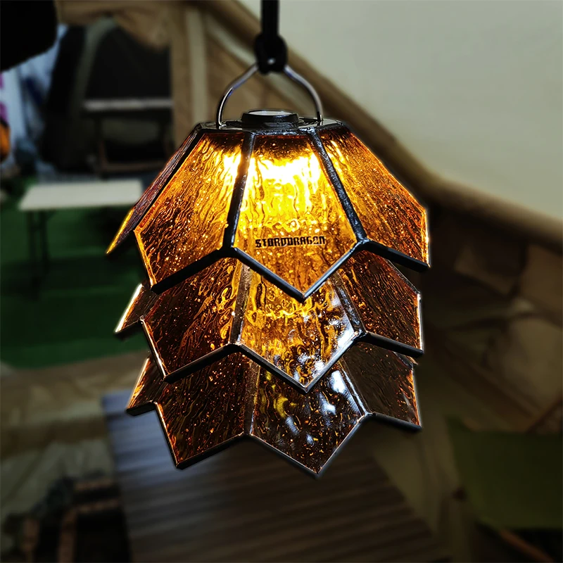 Orange Cone-Shaped Glass Shell Camping Lampshade for Goalzero - Handcrafted Pinecone Design, Durable Copper Metal Bracket, Perfe