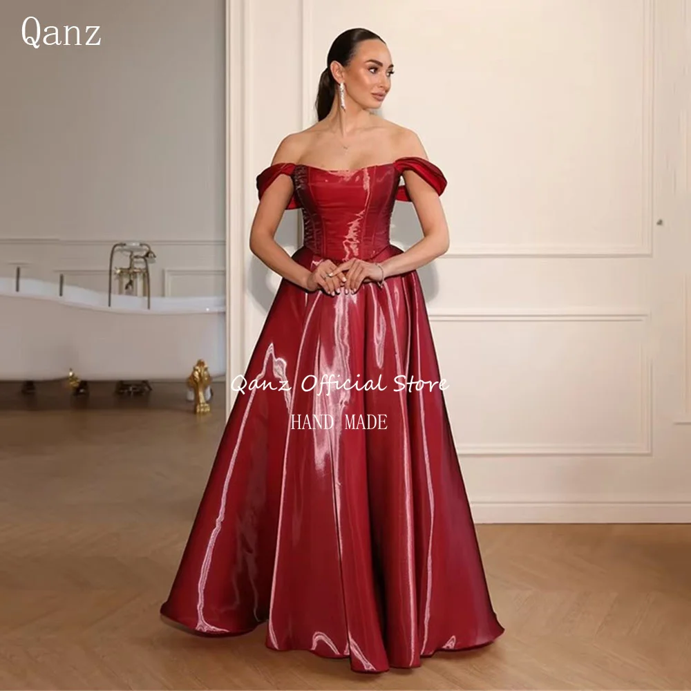 

Qanz Red Long A Line Evening Dresses Off The Shoulder платье вечернее Shiny Satin Backless Elegant Vestidos De Fiesta Customized